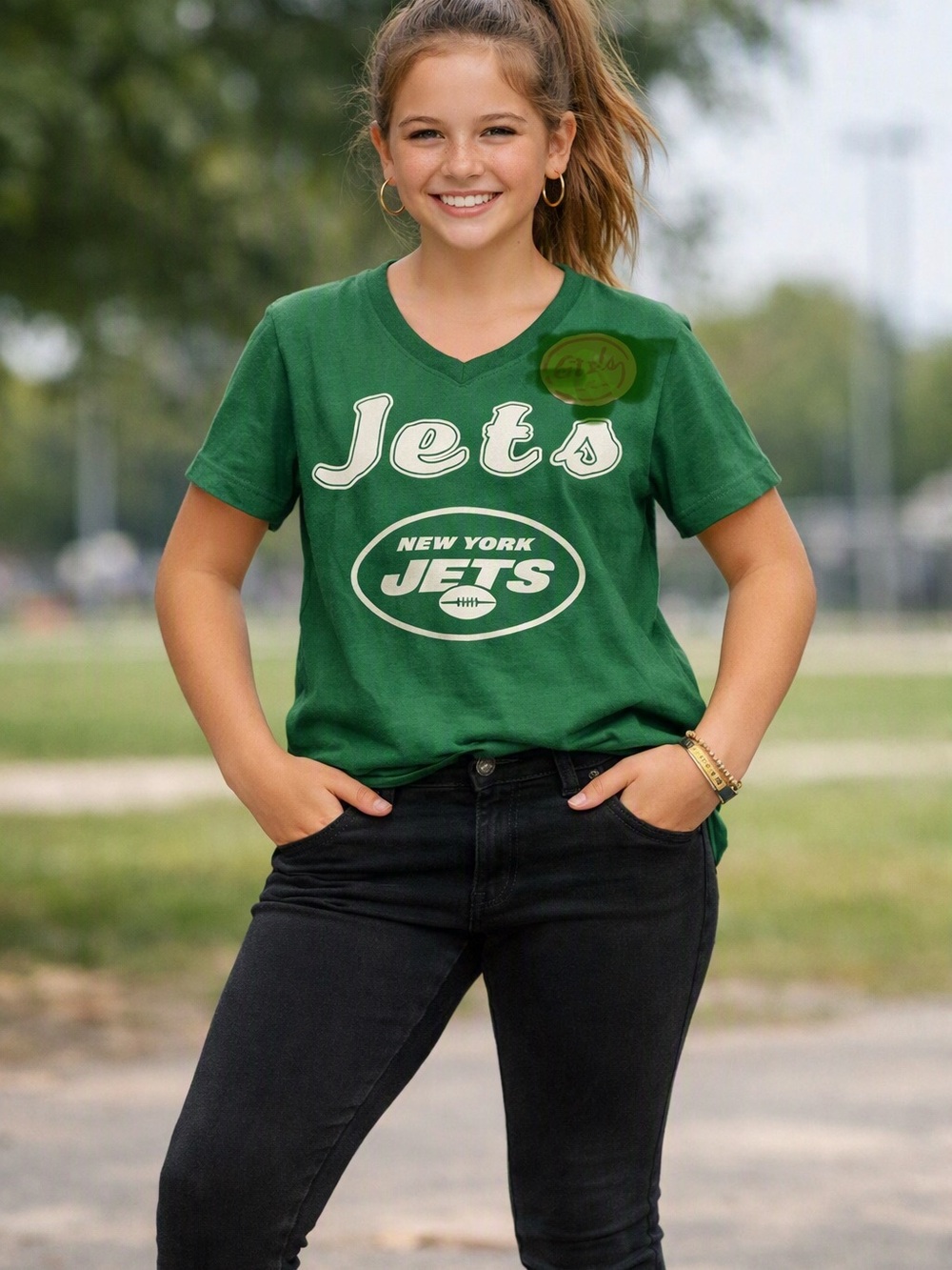NFL New York Jets- Green sports girls v-neck football Tee Xl/women’s XS